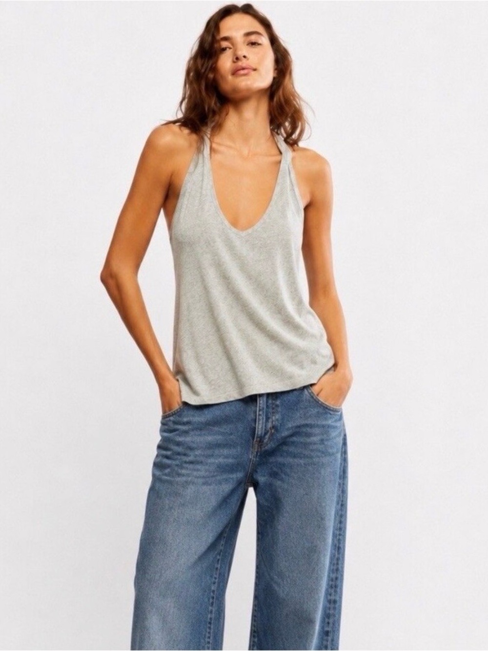 NWT Free People Intimately FP Gray Ribbed Flowy Halter Top Size M